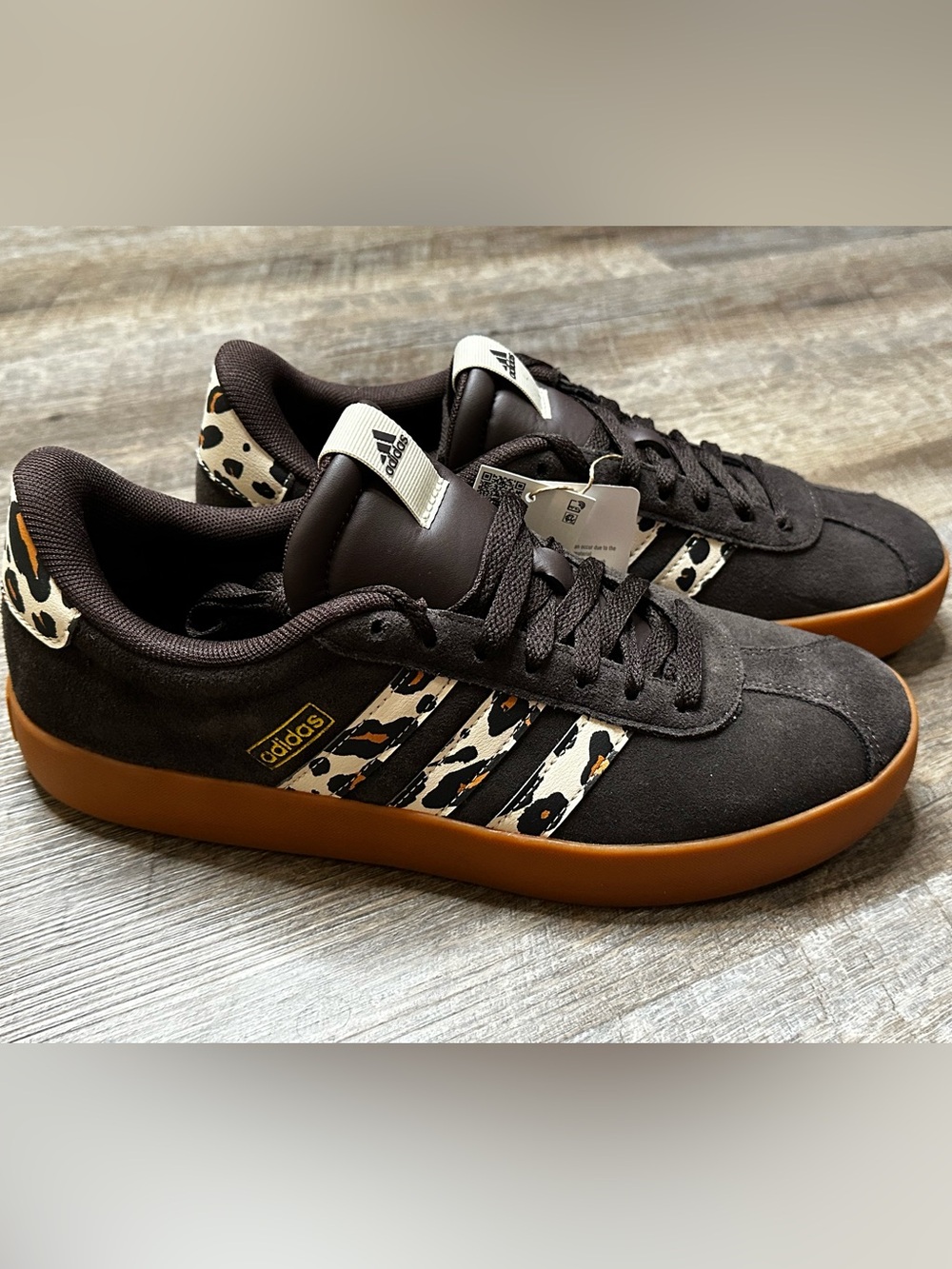 adidas VL Court 3.0 Brown Suede Sneakers with Leopard-Pattern Stripes